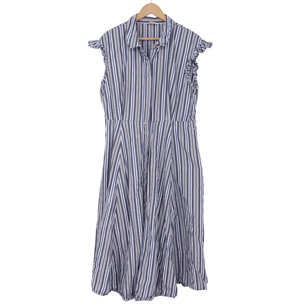 Calvin Klein Dress Womens 14 Shirtdress Blue Striped Ruffle Sleeve Excellent